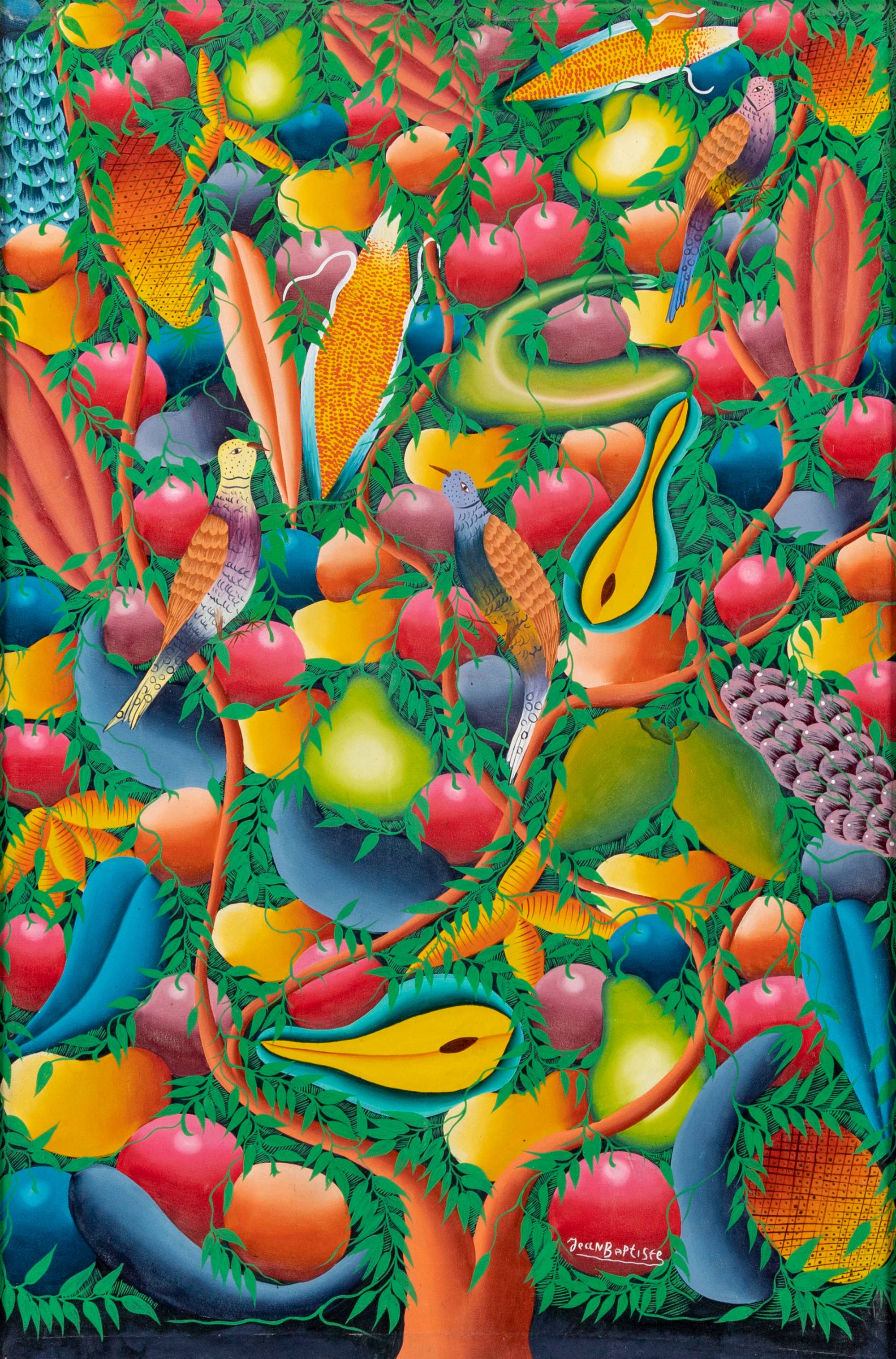 Colorful painting of fruit and birds in a tree.